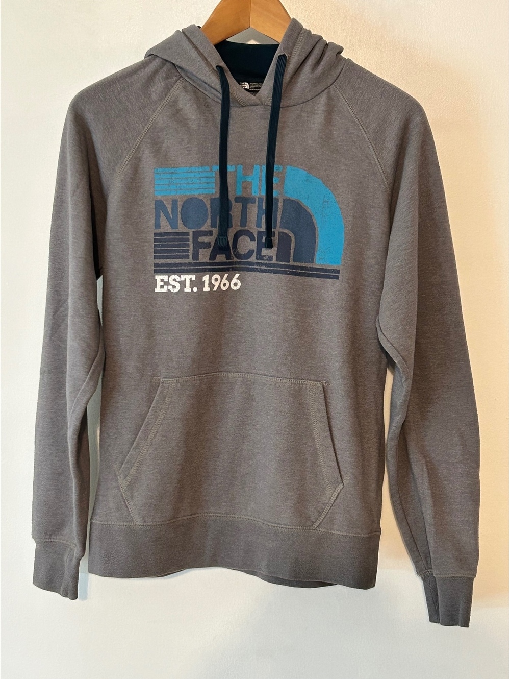 The North Face Women's Gray Pullover Hoodie with Blue Logo, Size M